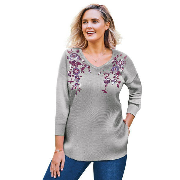 Woman Within Womens Plus Size Washed Thermal Lace Bib Henley Tee Shirt 